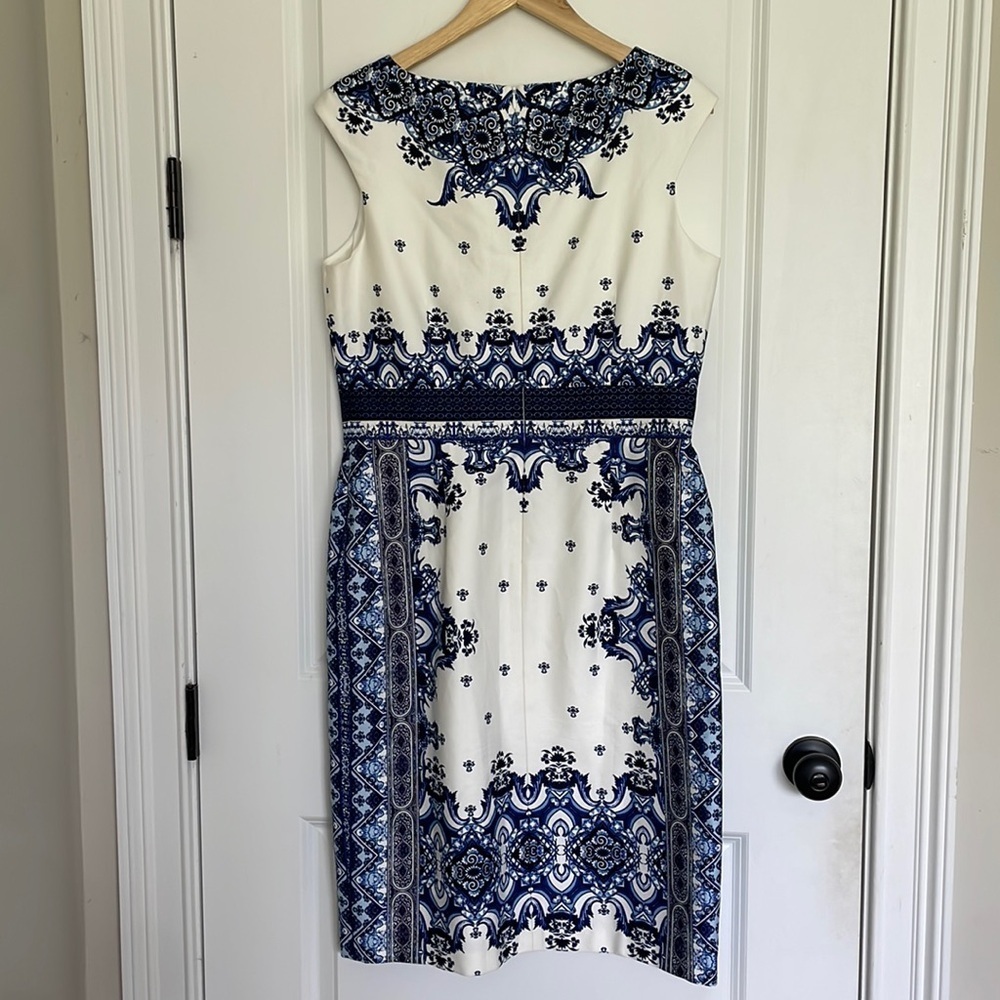 David Meister Women’s Sheath Midi Dress Blue/White 12